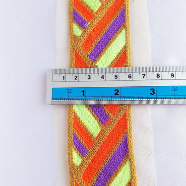 Beige Net Lace in Orange Embroidery, Geometric Pattern Trim, Indian Embroidered Trim Craft Ribbon Decorative Trim Costume Trim Trim By Yard